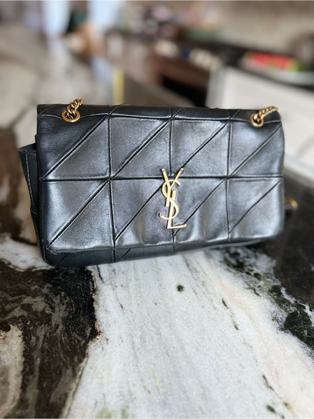 Black Quilted Leather Shoulder Bag with Gold YSL Logo